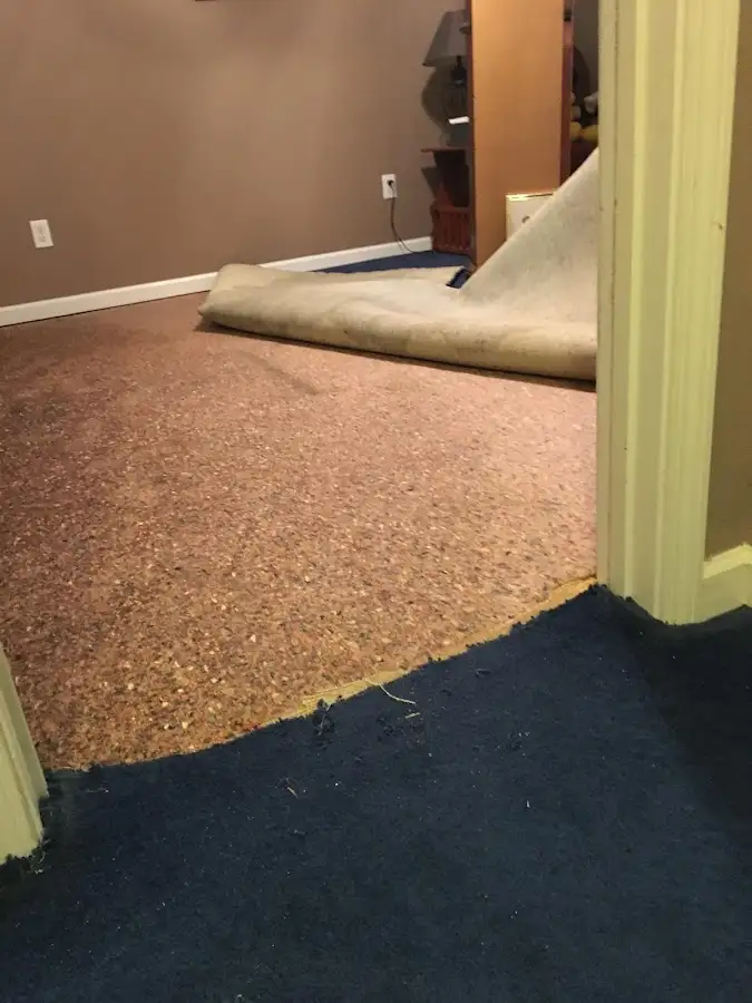 Carpet pad removal revealing water damage during Water Mitigation Services in Mountain Brook